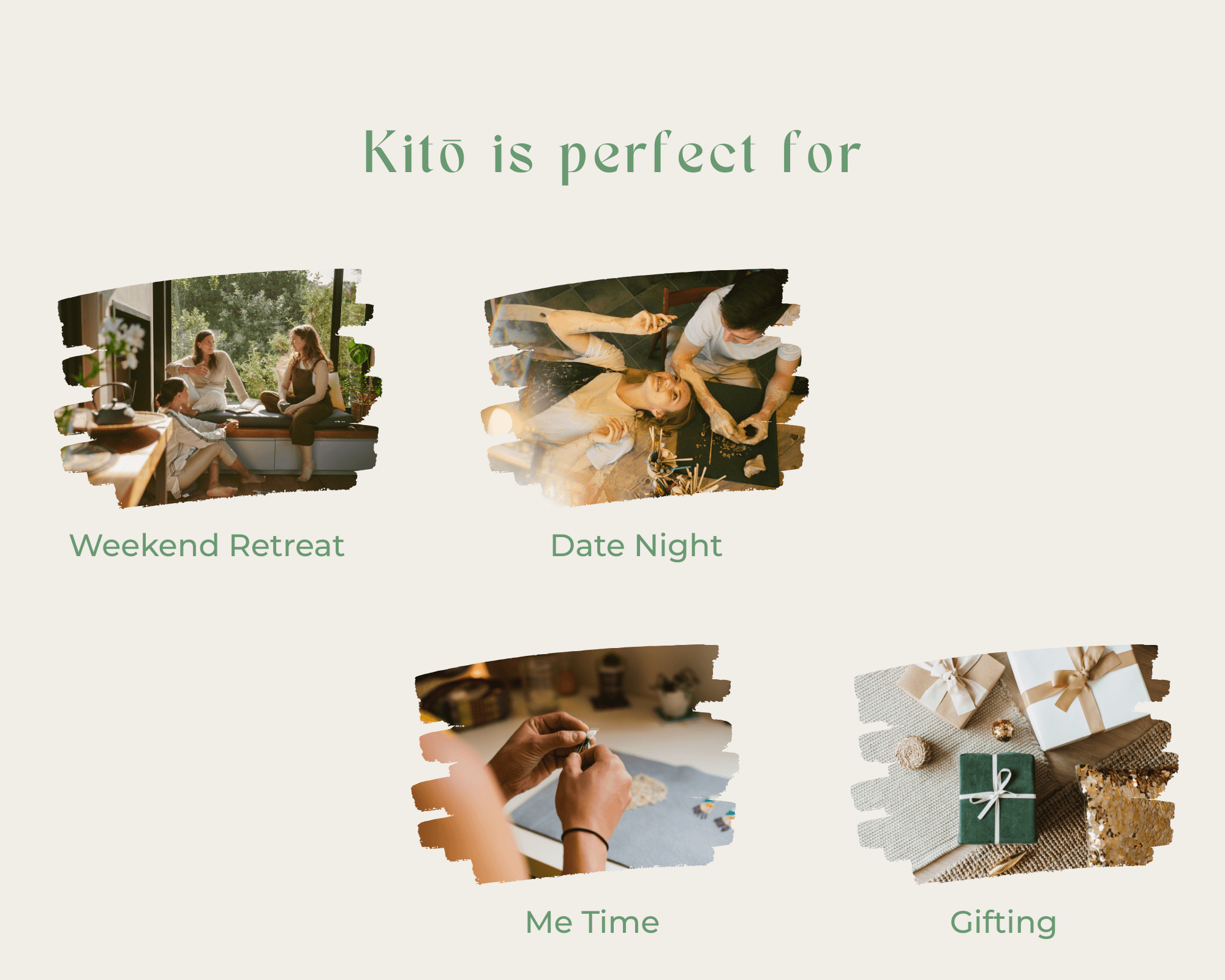 Promotional graphic for Kito with images of people enjoying different activities and a gift.