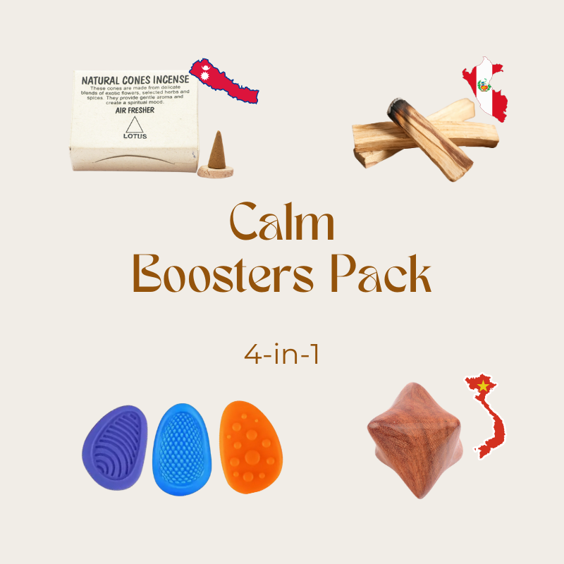 Calm Boosters Pack with incense, palo santo, fidget toys and a massage ball on a beige background