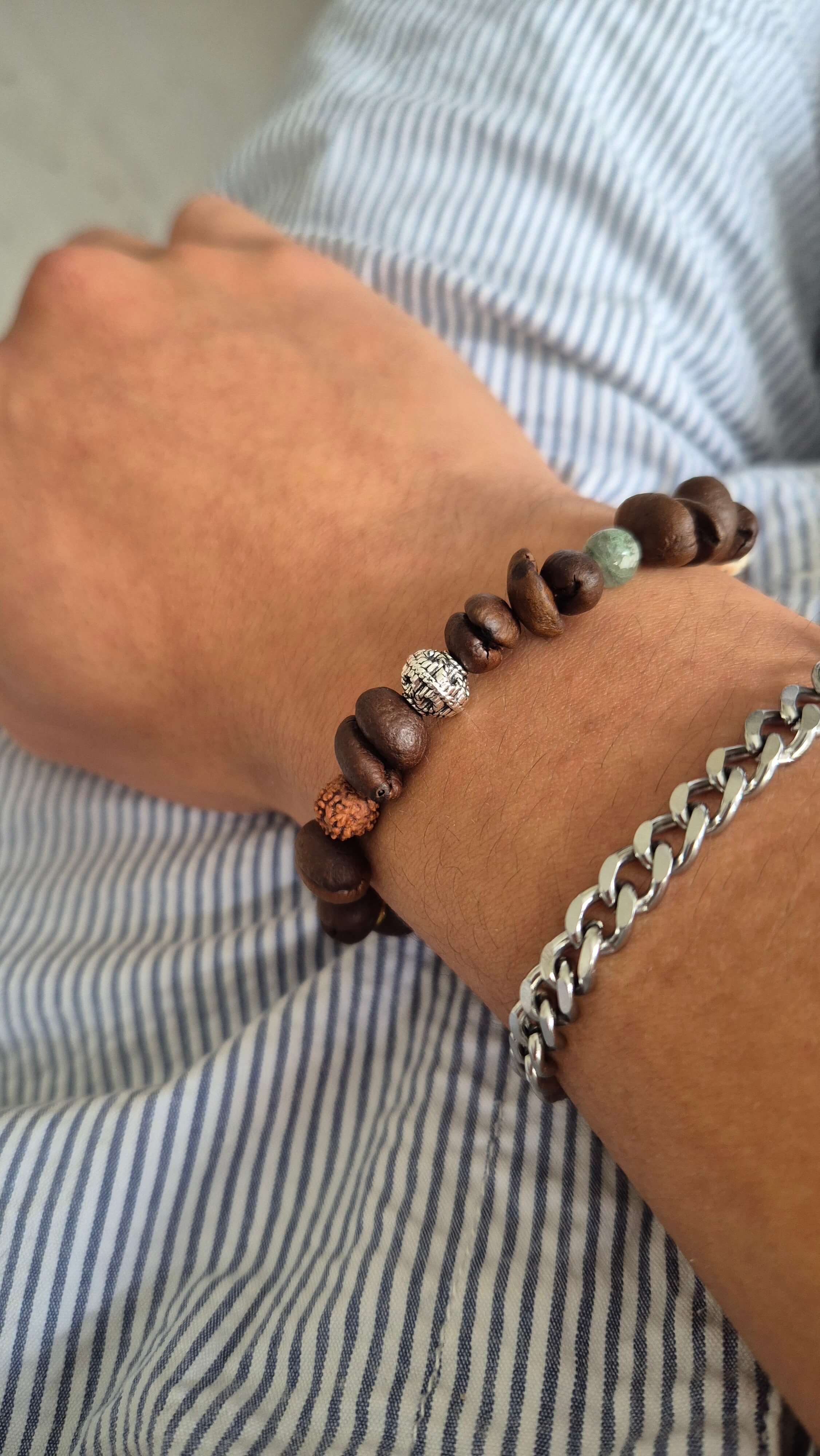 Bracelet with coffee bean beads and silver heart charms