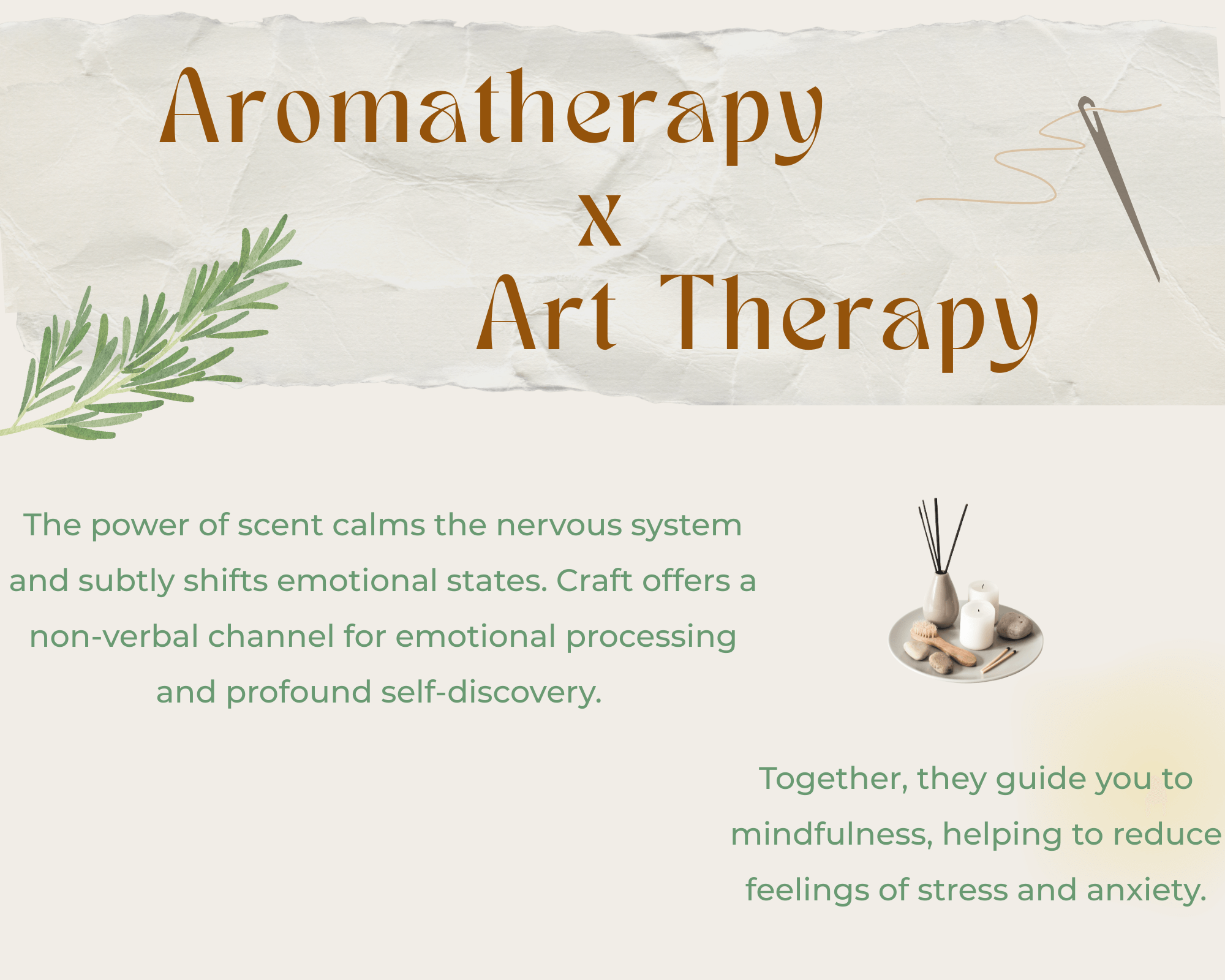 Aromatherapy and art therapy concept with text and decorative elements on a light background.