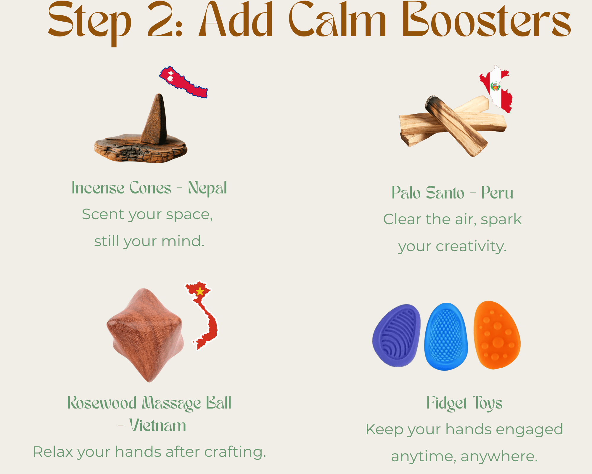 Promotional graphic for adding calm boosters with incense cones, Palo Santo, Rosewood Massage Ball, and Fidget Toys.