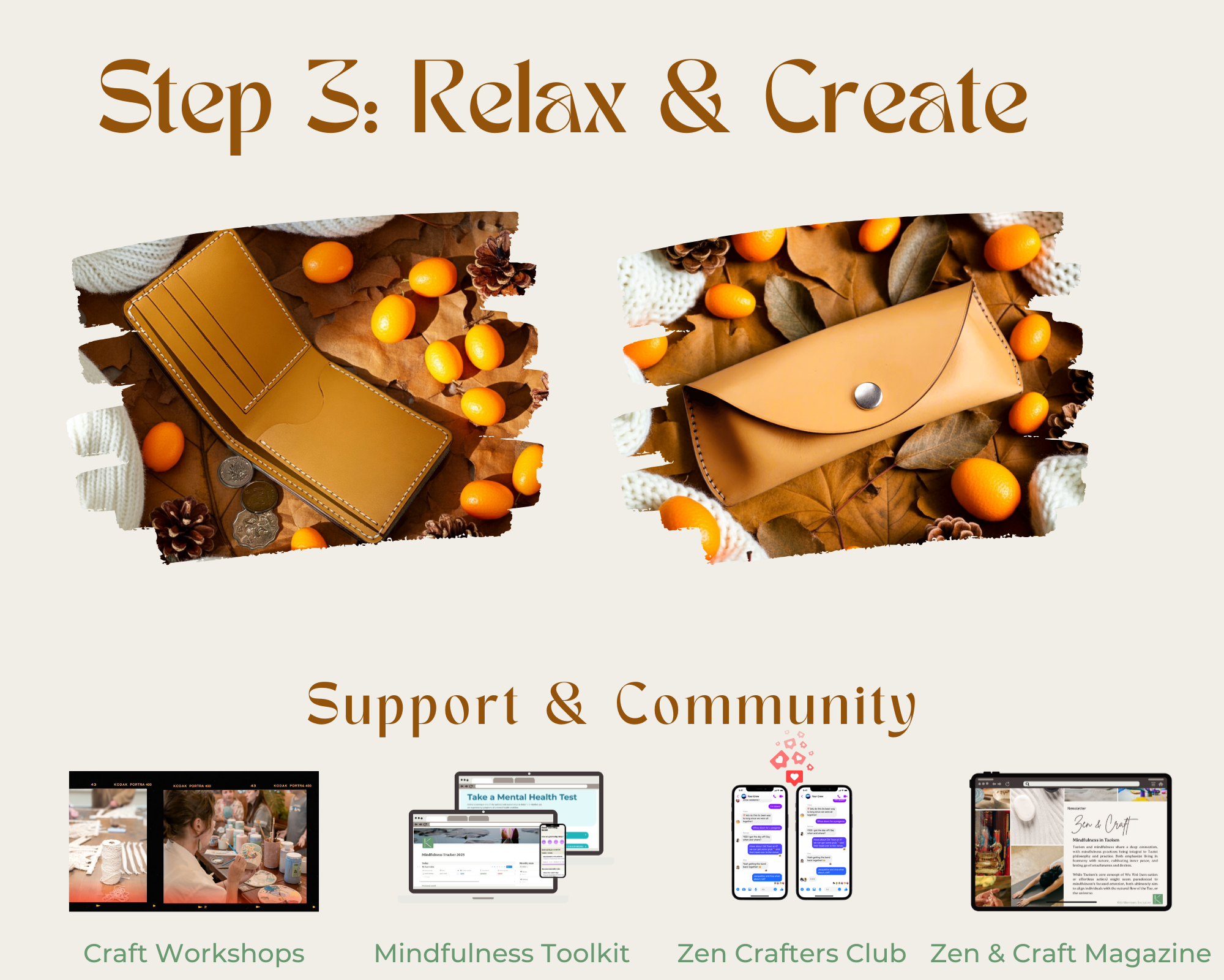 Promotional graphic with text 'Step 3: Relax & Create' and images of a person, bracelet, clutch bag, and digital tools on a beige background.