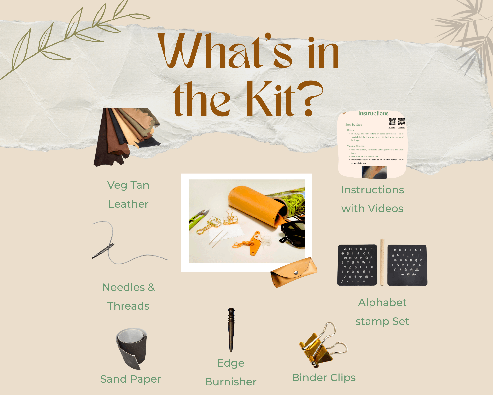 Product kit with tools and materials for leatherworking on a textured beige background.