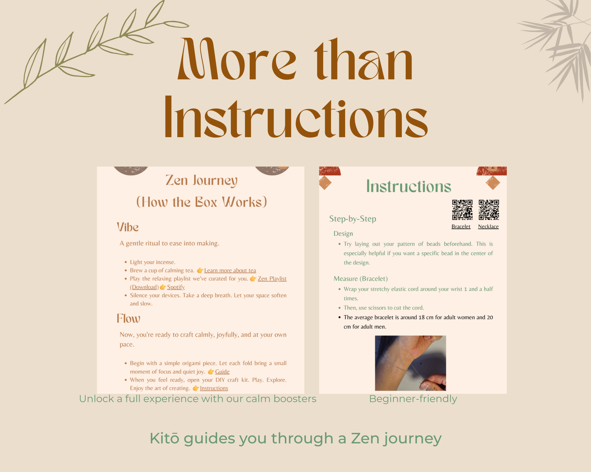 Brochure or flyer with text and QR code on a beige background