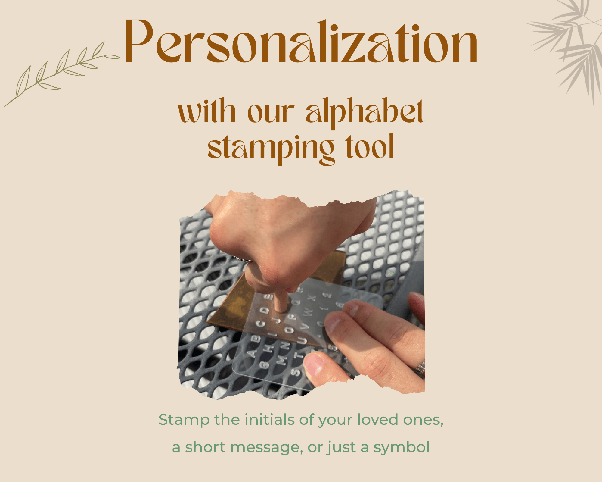 Person using an alphabet stamping tool on a leather surface with text about personalization.