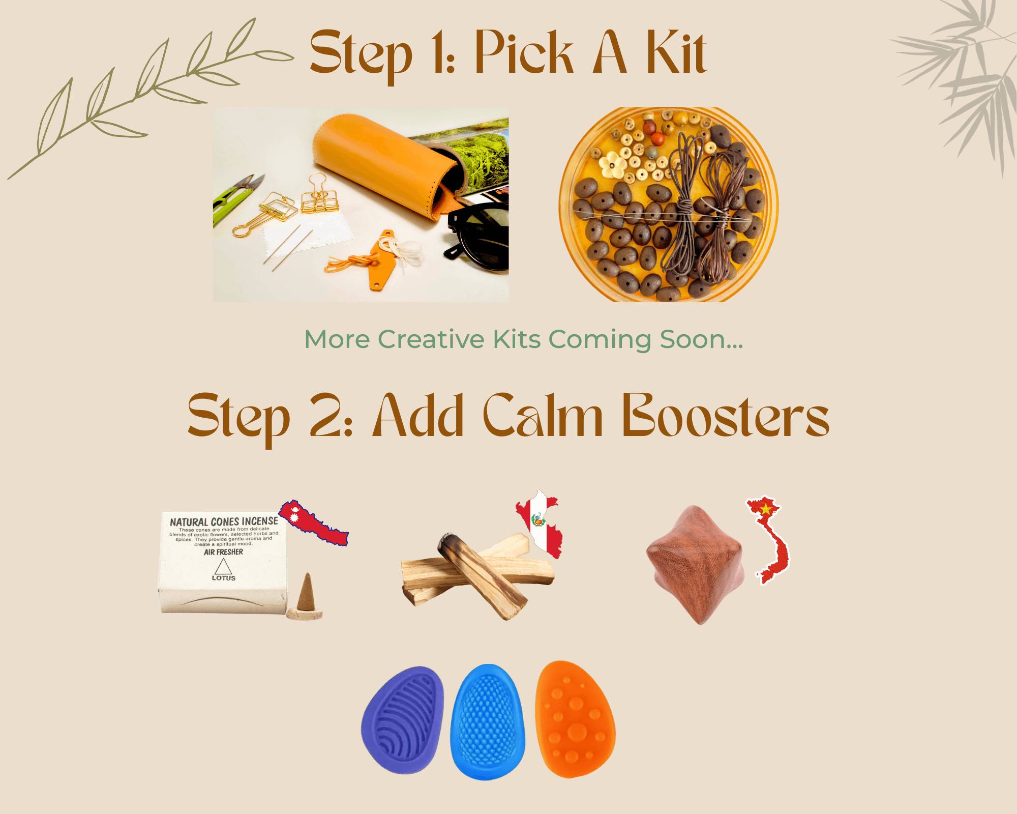 Promotional graphic for a product kit with various items and text on a beige background.