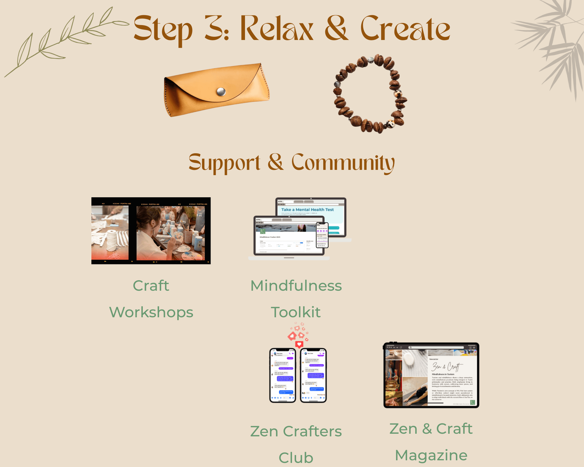 Promotional graphic for a craft-related service with images of a wallet, bracelet, and digital tools on a beige background.