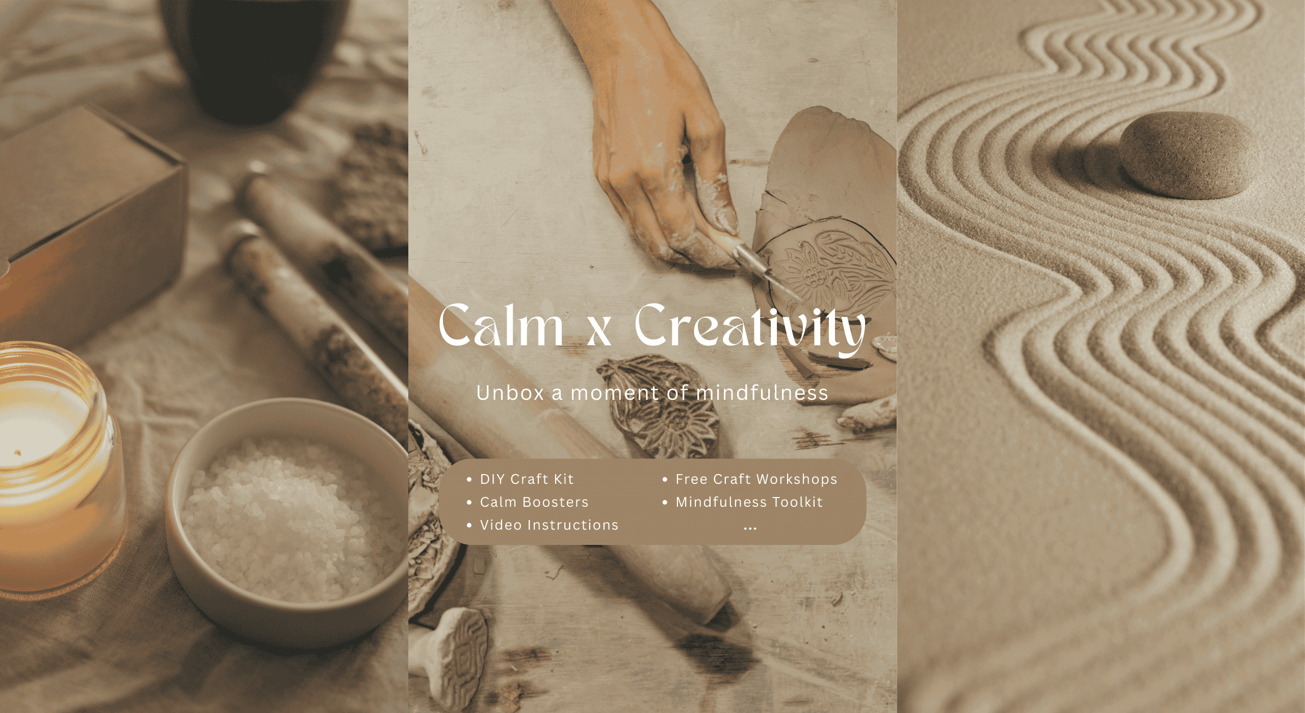 Collage of images related to 'Zen x Craft' with pottery, sand, and candle.